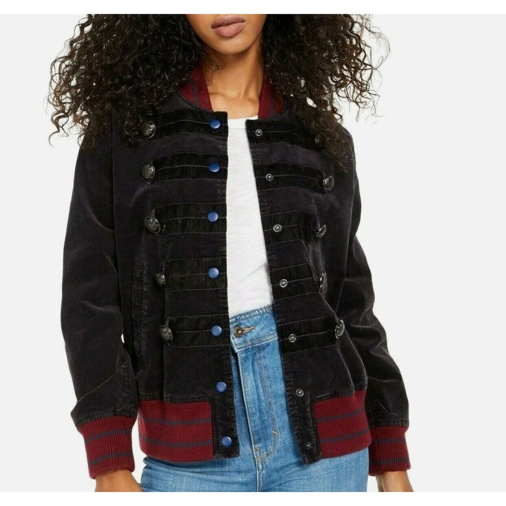 We The Free Atlas Cord Bomber Jacket Size M Black Corduroy Military Velvet Trim